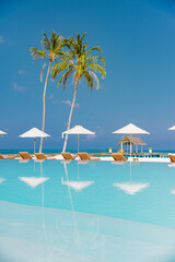 Best Top Luxury Tropical Resort Pool Umbrella Palms Gorgeous Outdoors Poolside Leisure Lifestyle Travel Concept. Popular Exotic Perfect Summer Vacation Destination Tranquil Serene Holiday Background