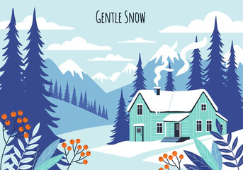 A cozy cabin nestled in a snowy mountain landscape with pine trees and gentle snowfall.