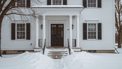 A large white vintage wooden house with double black doors and windows, featuring columns at the entrance, snow-covered steps, railing, and front yard.