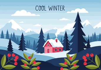 A cozy red house nestled in a snowy winter landscape with pine trees, majestic mountains, and vibrant red berries under a clear blue sky.