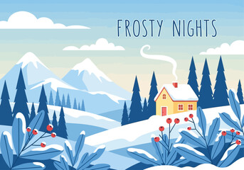 A serene winter landscape featuring a cozy house nestled among snow-covered mountains and trees.