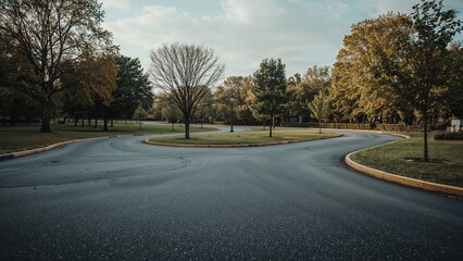 Empty street garden at tarmac floor with trees and curved road.