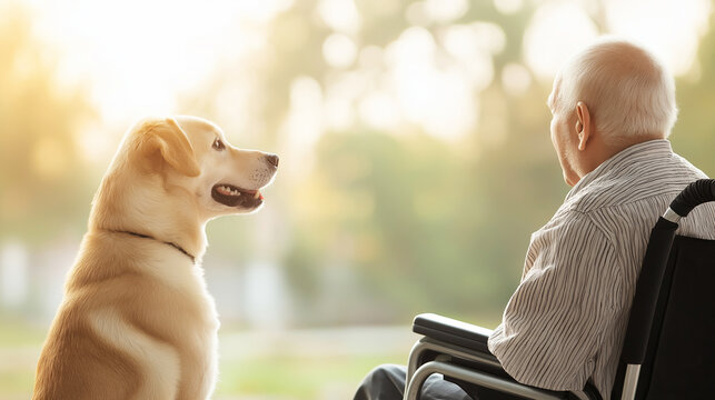 Elderly man in wheelchair and loyal dog sharing a quiet moment, looking together towards a peaceful garden scene