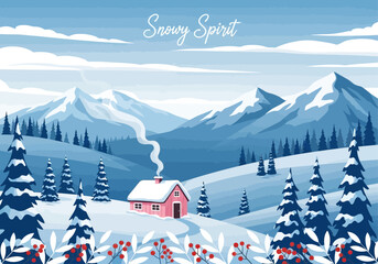 Winter landscape with a cozy house nestled among snow-covered trees and mountains.