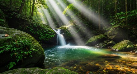 Sunbeams illuminate a hidden waterfall in a lush green forest creating a magical natural scene