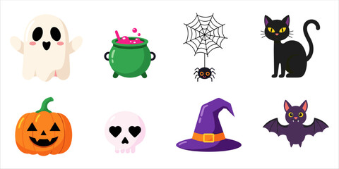 Cute flat Halloween icons with pumpkin, ghost, bat, skull, and witch hat for festive design.