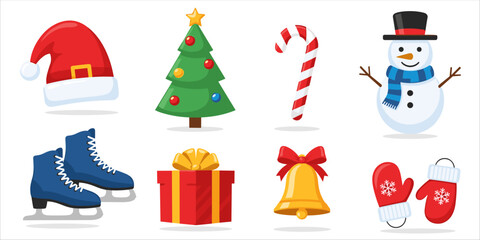 Flat cartoon Christmas icons set with Santa hat, snowman, gifts, and festive decorations.