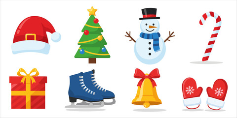 Flat cartoon Christmas icons set with Santa hat, snowman, gifts, and festive decorations.