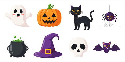 Cute flat Halloween icons with pumpkin, ghost, bat, skull, and witch hat for festive design.
