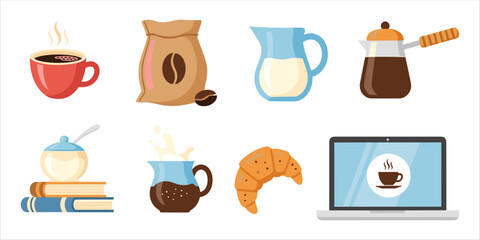 Flat coffee icons set with cup, moka pot, croissant, and breakfast elements for cozy design.