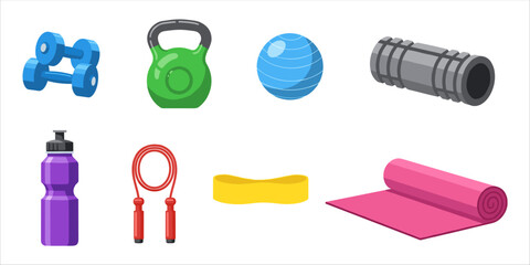 Flat fitness icons with dumbbell, mat, shoes, and gym gear for sport and healthy lifestyle design.