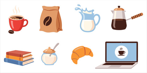 Flat coffee icons set with cup, moka pot, croissant, and breakfast elements for cozy design.