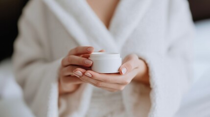 Woman in bathrobe holding open mockup cream jar image closeup. Young female showing moisturizing lotion close-up photography. Luxury body care products concept photo realistic
