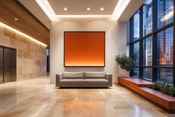 Modern Urban Lobby: A contemporary lobby space with sleek design elements, featuring a comfortable seating area, natural light, and city views.