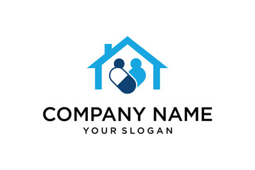 Home Healthcare Logo Design with Person and Medical Capsule in House Icon