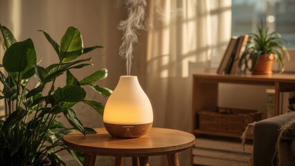 Essential oil aroma diffuser humidifier releasing water vapor into the air.