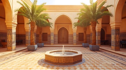 Beautiful moroccan courtyard with a fountain and palm trees, showcasing traditional architecture and islamic design elements