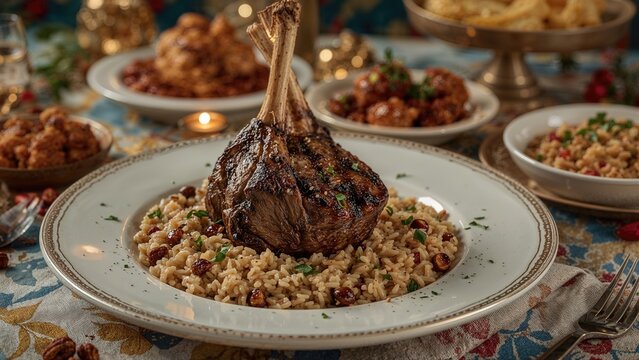 Grilled lamb Lamb shoulder, on durum wheat or Freekeh or farik with rice and nuts top view on a dinner table.