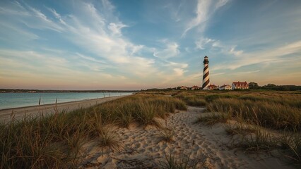Bodie Island Lighthouse with beach and grassy dunes at sunset or sunrise. Coastal scenery and lighthouse, scenery, beach, maritime navigation, coastal landscape.