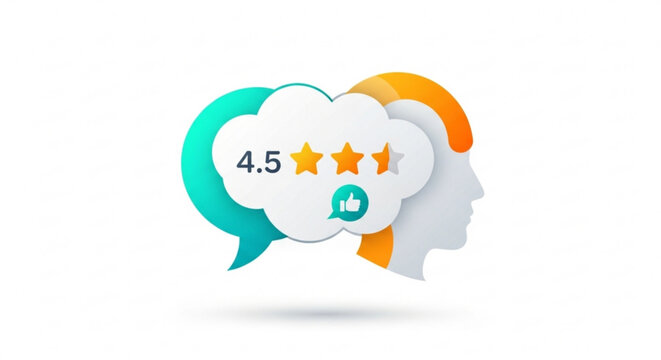 Customer feedback concept with head silhouette and speech bubble showing 45 stars rating and like icon