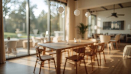 Fototapeta premium Blurred background of dining room with natural light from a window