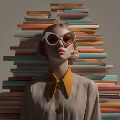 Abstract Woman Portrait with Stacked Books and Glasses