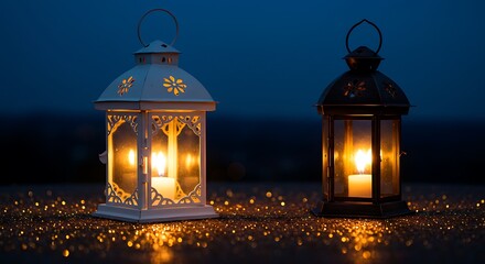 Fototapeta premium Two illuminated lanterns glowing warmly in the dark with bokeh lights in the background