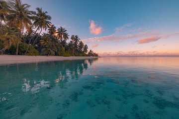 Amazing Sunset Beach Landscape. Perfect Tropical Island Paradise Scenic Reflection. Best Summer Destination Tourism Background Top Gorgeous Relaxing Sea, Top Sky Colors. Beautiful Palm Tree Silhouette
