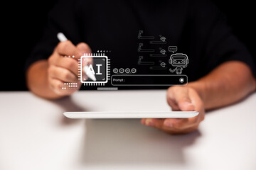 A person uses a tablet to interact with AI technology, demonstrating digital innovation and creative expression through a stylus.