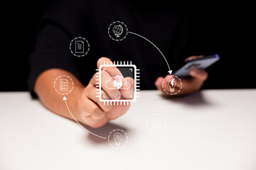 A hand interacts with digital icons representing technology, innovation, and connectivity, highlighting modern communication through a smartphone.