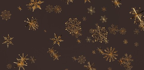 Abstract pattern of gold snowflakes on a rich brown backdrop, perfect for winter and holiday designs. Ideal for festive backgrounds and seasonal