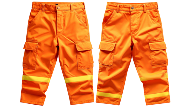 Bright Orange Work Pants with Reflective Stripes Isolated on Transparent Background PNG
