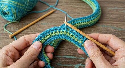 Person demonstrates the creation of a curved textile object using yarn and a hook tool on a wooden surface