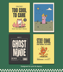 retro poster set with cartoon mascots and motivational quotes with vintage graphic style, vector illustration
