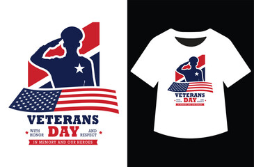 Veterans Day design: silhouetted soldier saluting the American flag. Text "VETERANS DAY" and "THANK YOU FOR YOUR SERVICE" shown on a design and a white t-shirt mockup. Patriotic tribute.