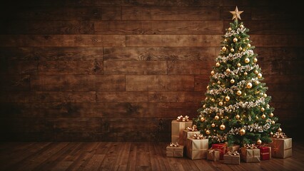 Rustic backdrop featuring holiday present and decorated Christmas tree with gifts under it.