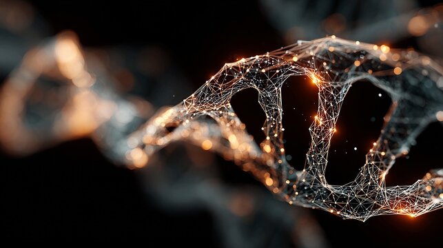 Stunning digital rendering of a glowing DNA helix structure with intricate connections and vibrant orange light, symbolizing scientific discovery and innovation in healthcare and biology