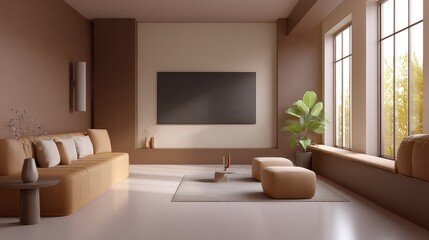Fototapeta premium Cozy Modern Living Room with Earthy Tones, Large Window, Minimalist Furniture, and Simple Decorative Elements Enhancing a Warm Atmosphere for Relaxation and Comfort