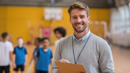 A smiling coach holds a clipboard overseeing a practice session with young players in a gym.