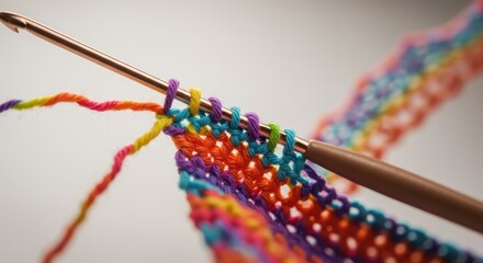 Colorful yarn is worked onto a metal implement creating detailed textile stitching