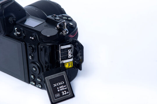Karawang, West Java - October 27 2025 : Memory XQD card for camera mirrorless