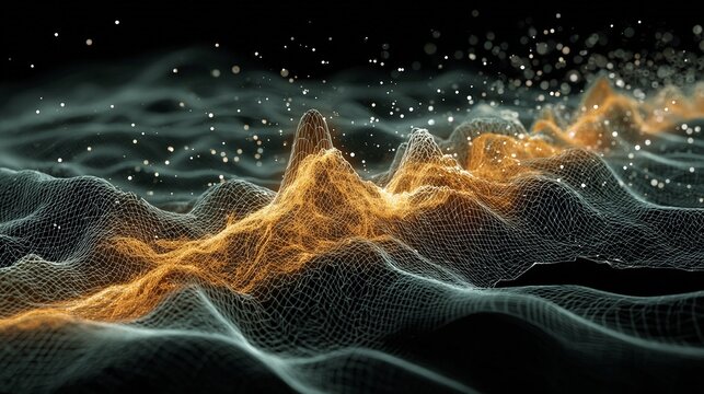 Explore the dynamic landscape of glowing network data, perfect for modern technology presentations and innovative web designs with its futuristic aesthetic and captivating visual depth