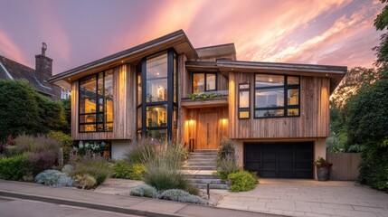 Modern Architectural Beauty with Large Windows at Sunset Surrounded by Lush Landscaping Capturing a Contemporary Home Design in a Scenic Setting