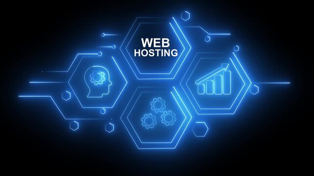 Abstract neon Hud knowledge ability business gear icon Glowing neon line concept. Glowing "web hosting " button in German on a futuristic, abstract wave technology on black background.