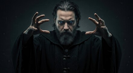 Intense sorcerer casts a powerful spell with glowing eyes and outstretched hands