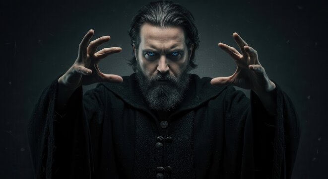 Intense sorcerer casts a powerful spell with glowing eyes and outstretched hands