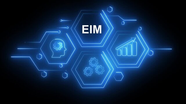 Abstract neon Hud knowledge ability business gear icon Glowing neon line concept. Glowing "EIM" button in German on a futuristic, abstract wave technology on black background.