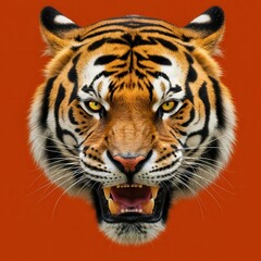 Fototapeta premium Ferocious tiger head displays intense yellow eyes and bared teeth against a solid backdrop