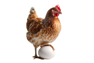 Brown hen standing proudly with one foot on a white egg, isolated on transparent background