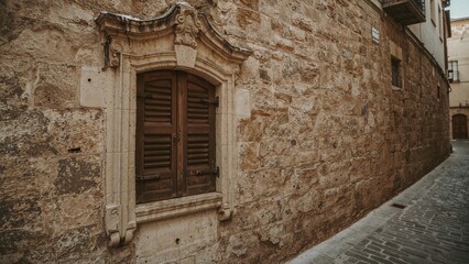 Small window in a stone wall on a cobbled street 